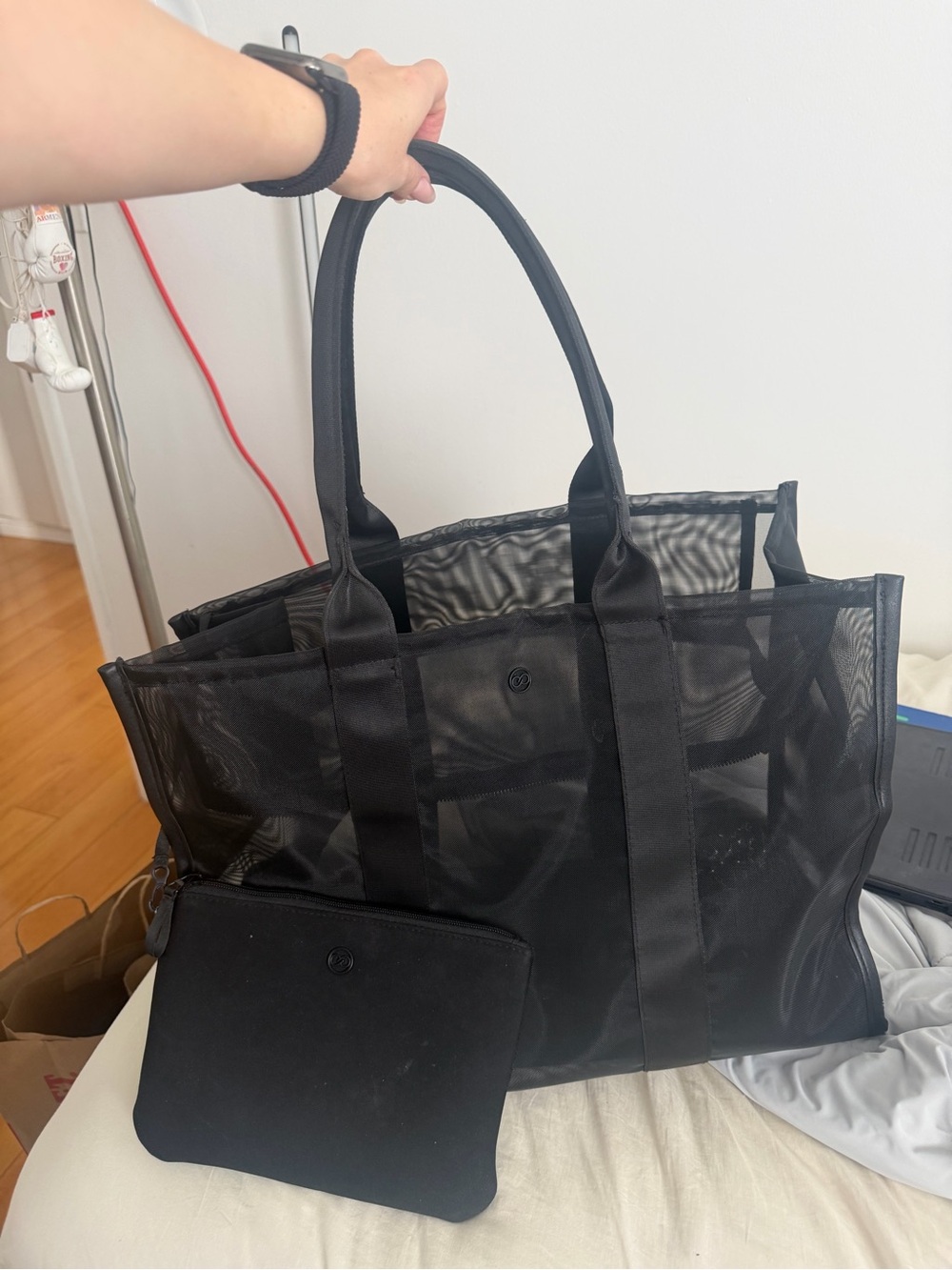 Black Mesh Tote Bag with Matching Zip Pouch